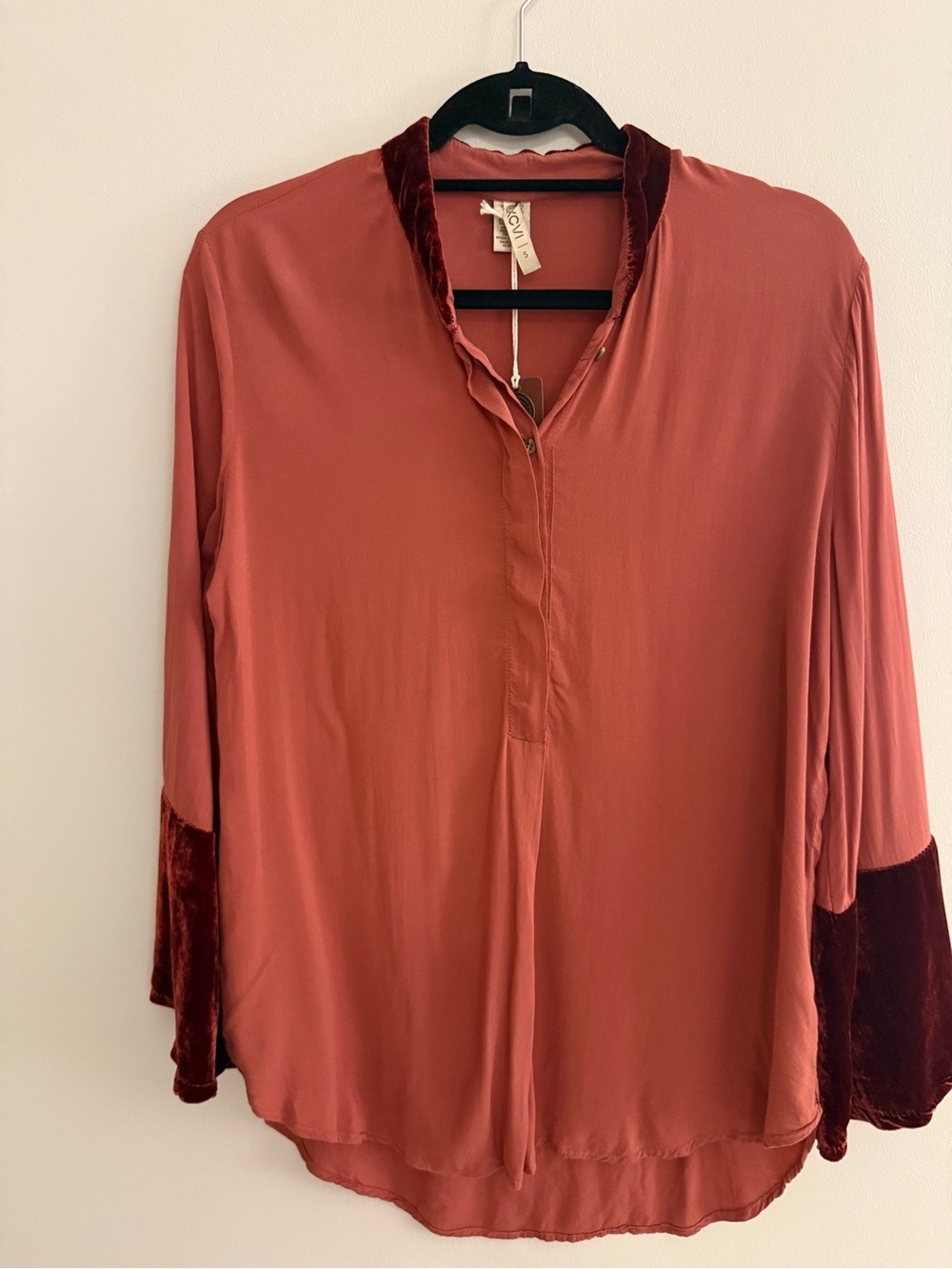 XCVI Rust Velvet Trim Tunic Blouse Boho Bell Sleeve Top